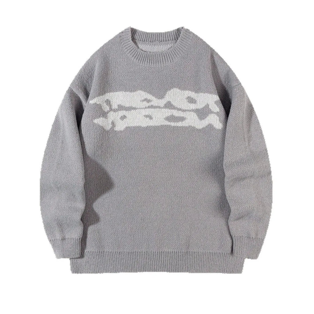 Loose geometric jacquard pullover knitted sweater in gray, front view, showing textured pattern and relaxed fit