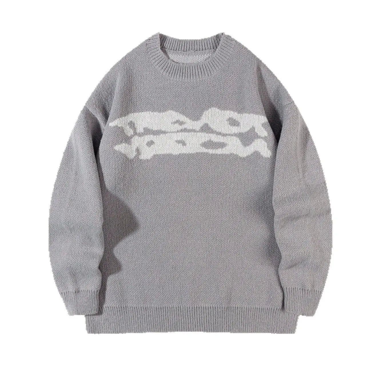Loose geometric jacquard pullover knitted sweater in gray, front view, showing textured pattern and relaxed fit
