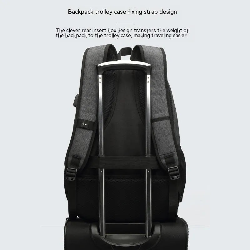 Grey and black lightweight backpack with USB charging port showing 32x15x46cm dimensions.