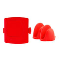 Red silicone baking tray with matching hand clamp set for anti-scald kitchen protection