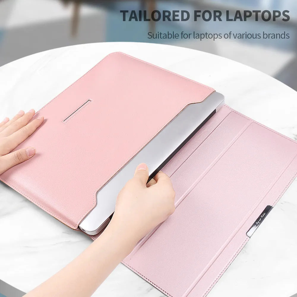 Three-in-one laptop bracket bag with wrist splint and storage liner for MacBook Pro Air, imitation leather and plush, black