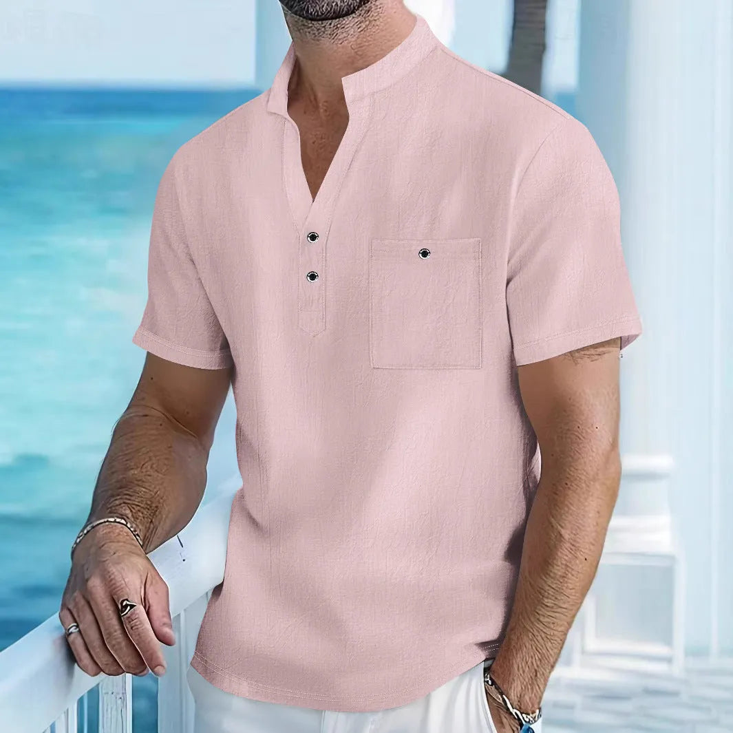 Men's linen stand collar short sleeve shirt in light blue solid colour showing loose fit casual styling