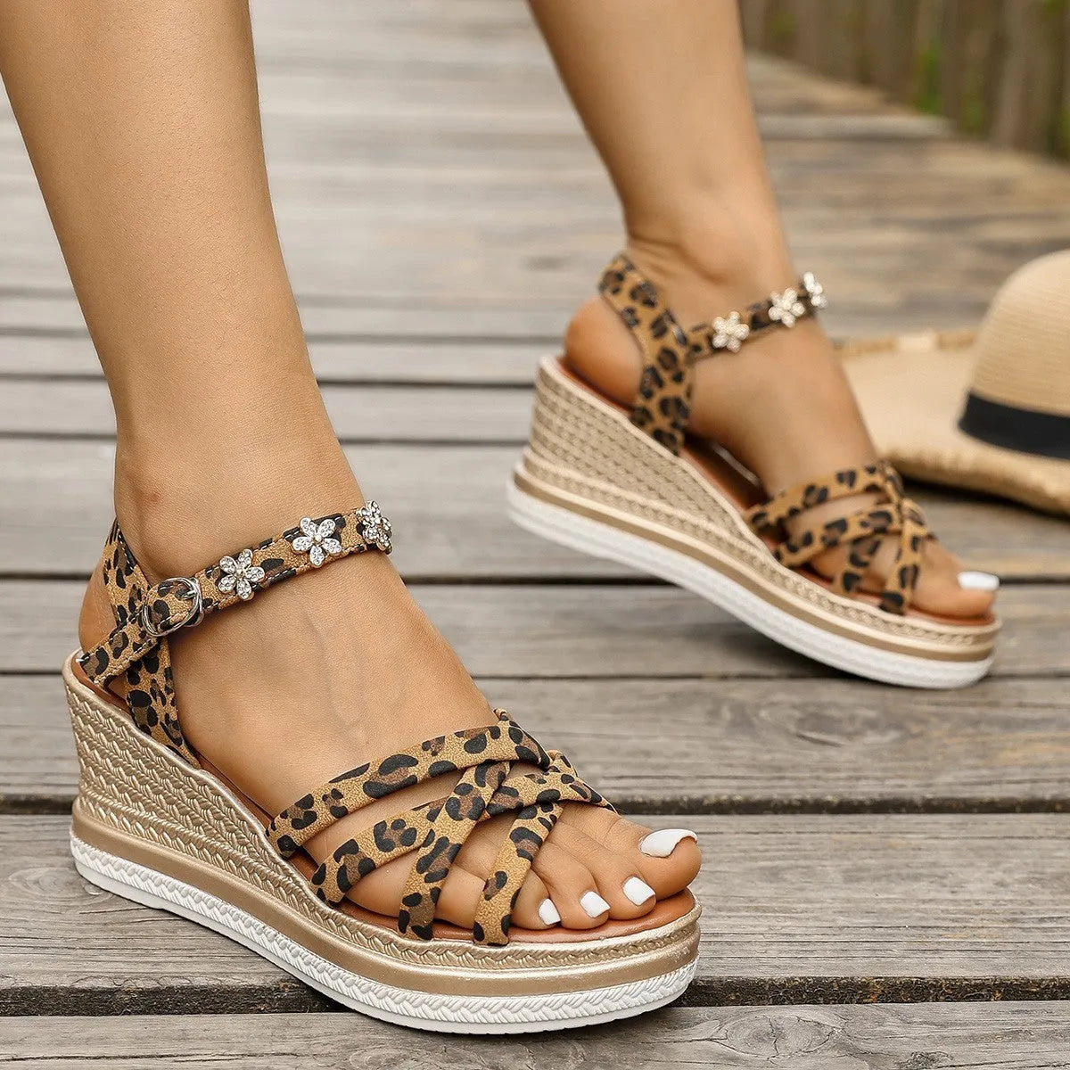 Light brown suede women's sandals with platform sole and ankle buckle, open toe with round holder