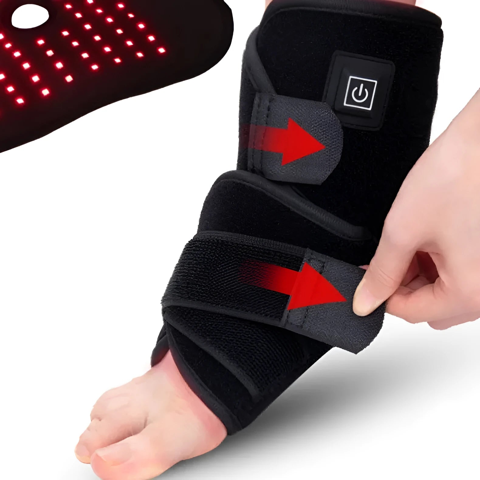 Black fabric ankle support with red light and heating therapy, USB cable, on a flat surface