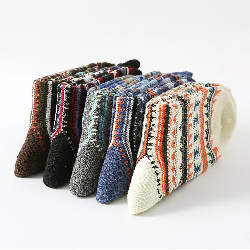 Retro cotton mid-calf socks for men 5 pack with anti-friction knit patterns in large square design