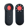 Black portable GPS and hidden camera detector with USB charging cable on a grey background.