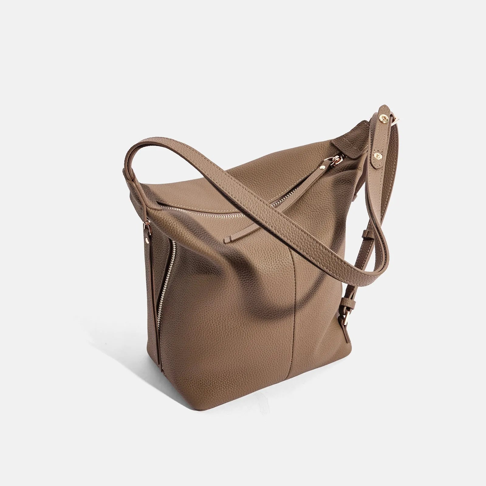 Women's soft cowhide leather bucket bag in elephant grey, black, or milky white