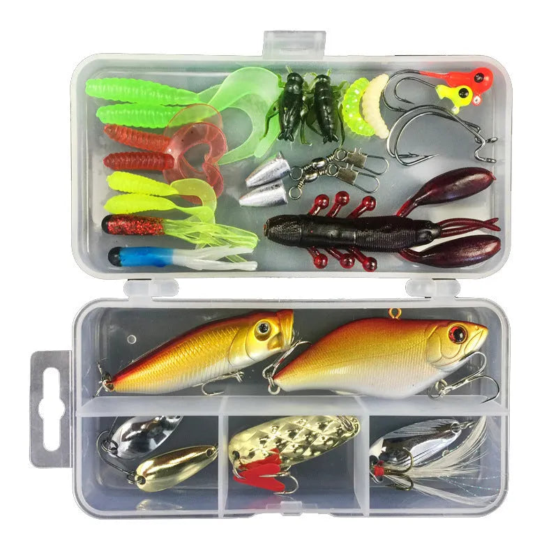 Junior fishing lure suit showing soft plastic baits organised in blue PP plastic storage tackle box