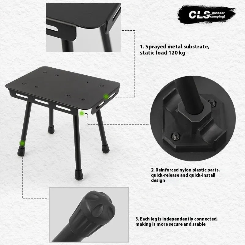 Aluminium alloy dual-use folding camping stool and table with green cushion.