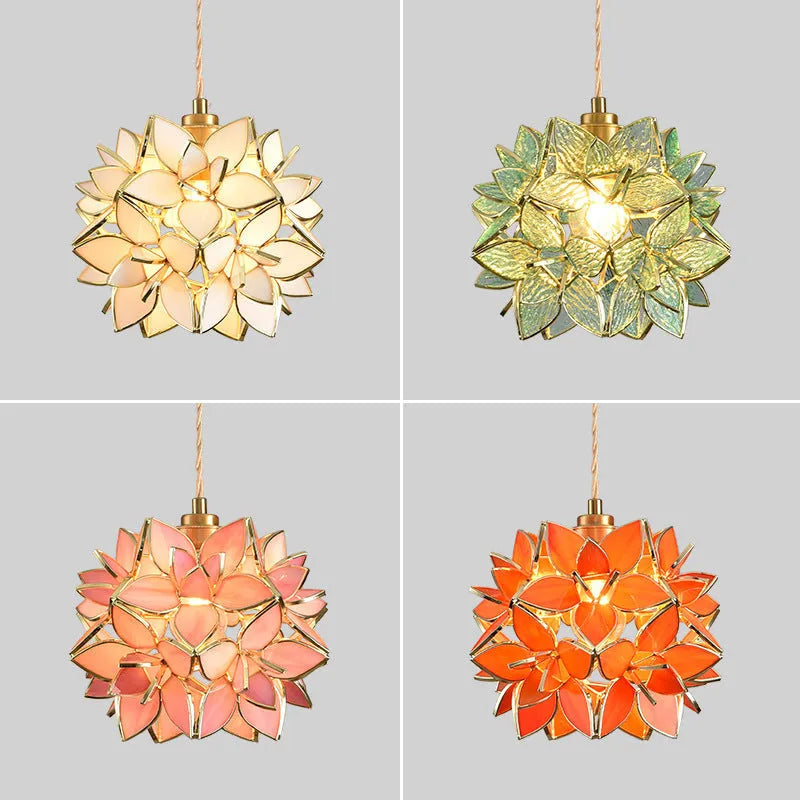 Hanging line lamp chandelier with copper construction and glass elements in bedroom setting