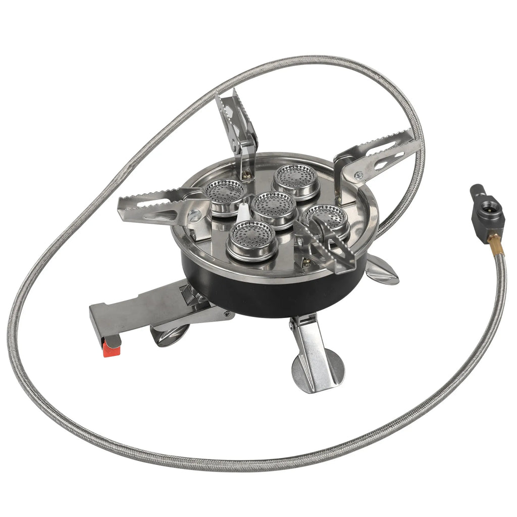 Silver portable split stove with stainless steel construction folded for transport