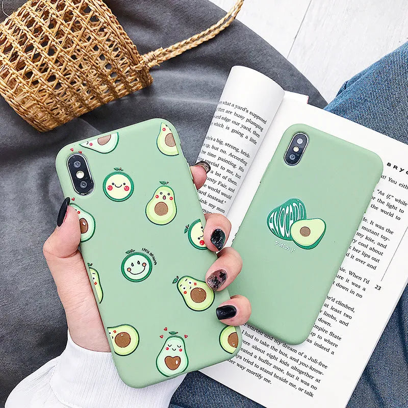Avocado cartoon design on a green flexible TPU case for an Apple iPhone.