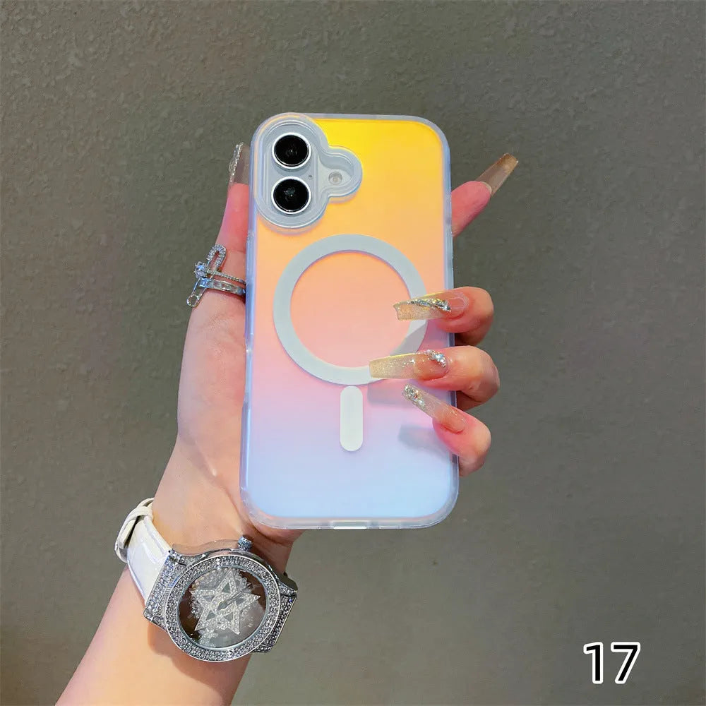 Laser gradient frosted magnetic back cover case for iPhone 17 series on a phone.