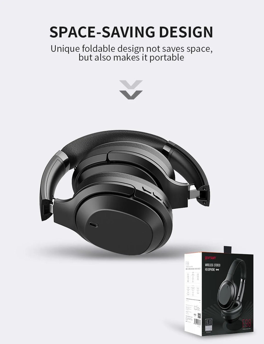Black Gorsun E98 over-ear Bluetooth headphones with adjustable headband and memory-protein ear cushions