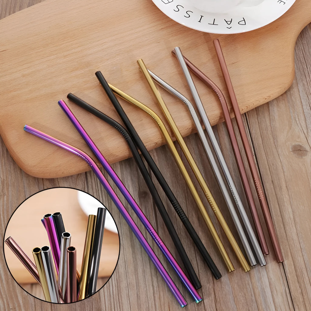 Set of stainless steel reusable straws in straight and bent styles with a cleaning brush.