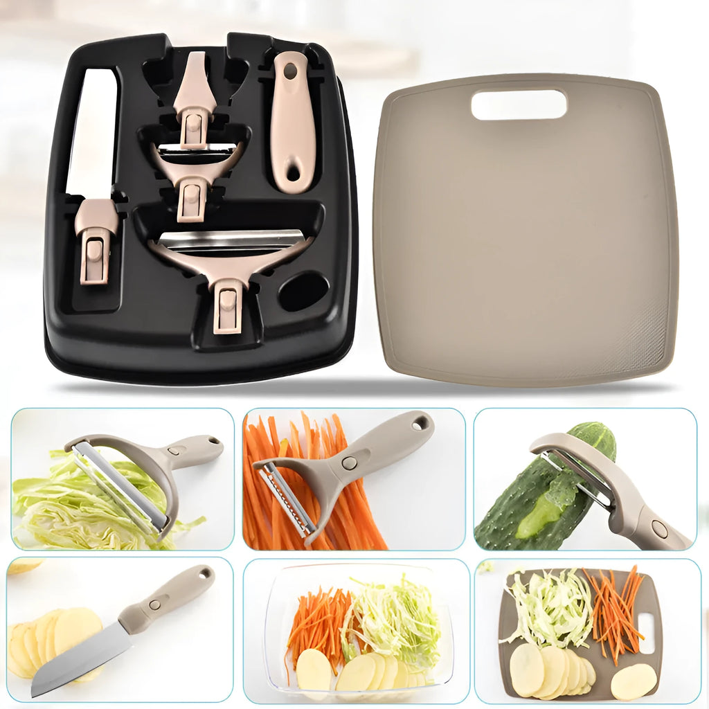 Green three-piece stainless steel kitchen cutter set with wheat straw board, fruit knife and peeler combination