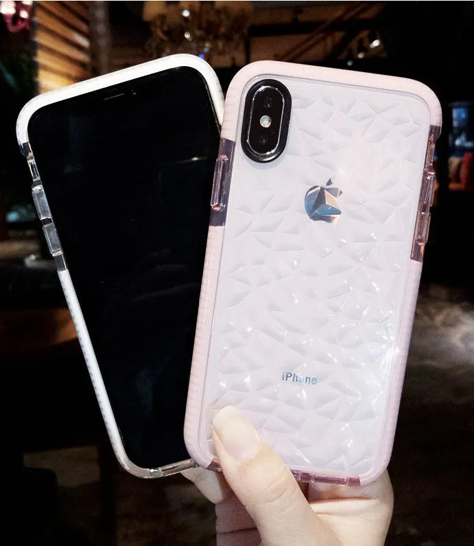 TPU iPhone back cover case with striped pattern, shown in black, pink, and white border colour options.