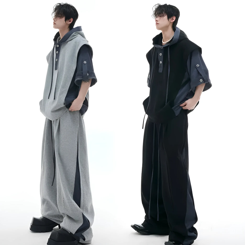 Men's hooded three-dimensional stitching sports leisure suit with matching trousers in black or grey polyester