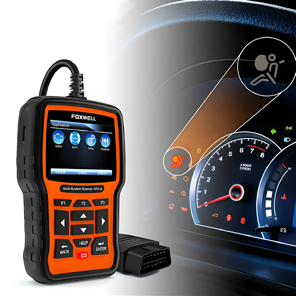 Orange and black Foxwell NT510 automotive diagnostic scanner with OBD2 connector and colour screen