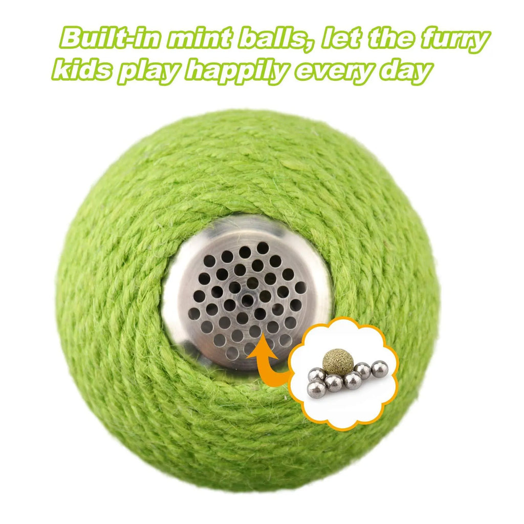 Green cactus-shaped cat toy with a sisal scratching post and a rocking tumbler ball on a weighted base.