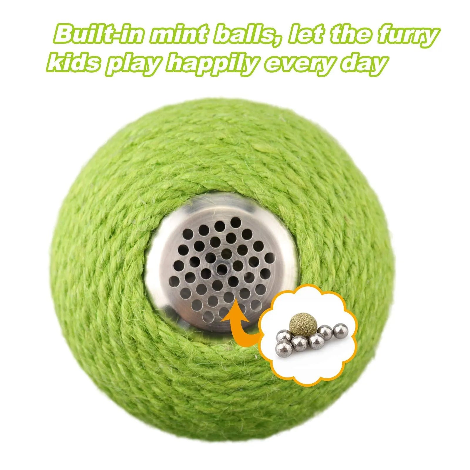 Green cactus-shaped cat toy with a sisal scratching post and a rocking tumbler ball on a weighted base.