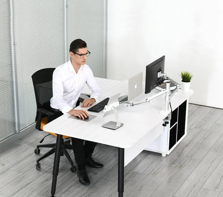 Folding aluminium phone and tablet stand in silver, shown holding a tablet at an angle.