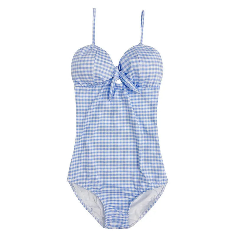 Blue and white plaid women's one-piece swimsuit on a mannequin.