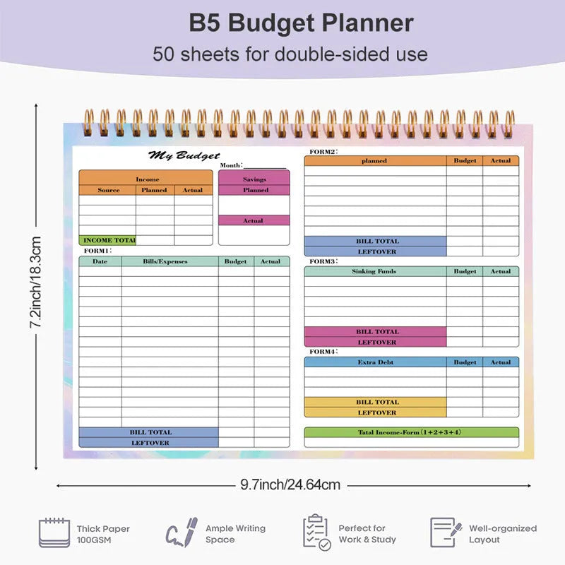 B5 spiral-bound budget tally book with a blue PP cover, open to show lined pages for income and expenditure tracking.