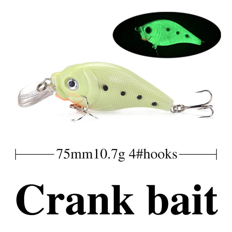 Five 3D fluorescent hard bait fishing lures with luminous details, packaged in a box.
