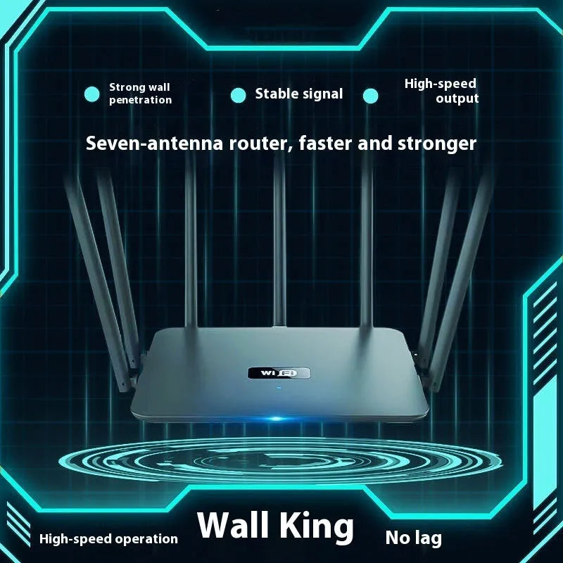 Black and white dual-band 5G gigabit Wi-Fi router with multiple antennas for home through-wall coverage.