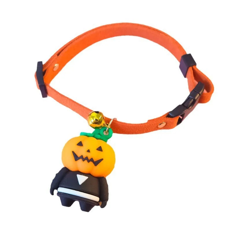 Halloween dog collar with luminous pumpkin man, brat and skull designs in adjustable polyester construction
