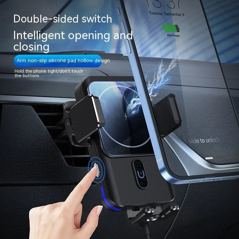 Black wireless charging car phone holder with 15W fast charging and clip or suction cup mount options.
