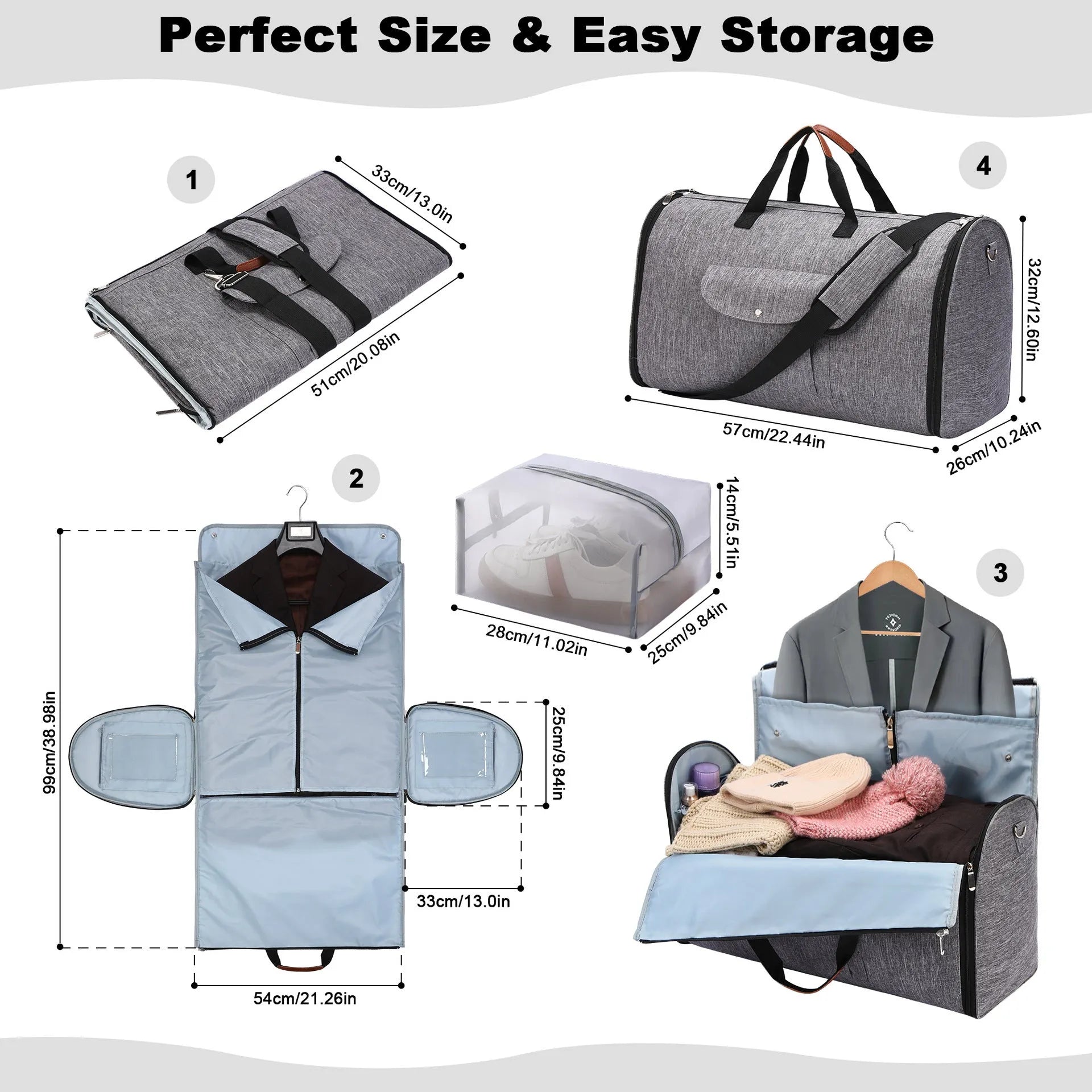 Folding dark blue Oxford cloth duffel bag with handles, shown upright and folded flat.