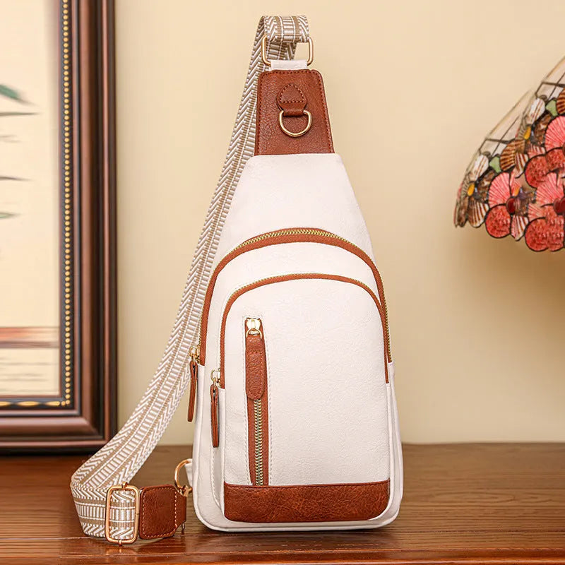 Soft brown PU women's small messenger chest bag with crossbody strap and open front pocket.