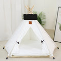 Portable pet teepee tent bed for small dogs or cats with striped flax linen cover and cushion