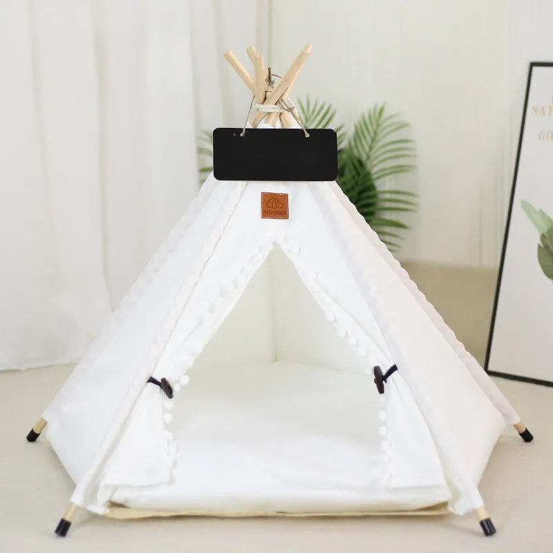 Portable pet teepee tent bed for small dogs or cats with striped flax linen cover and cushion