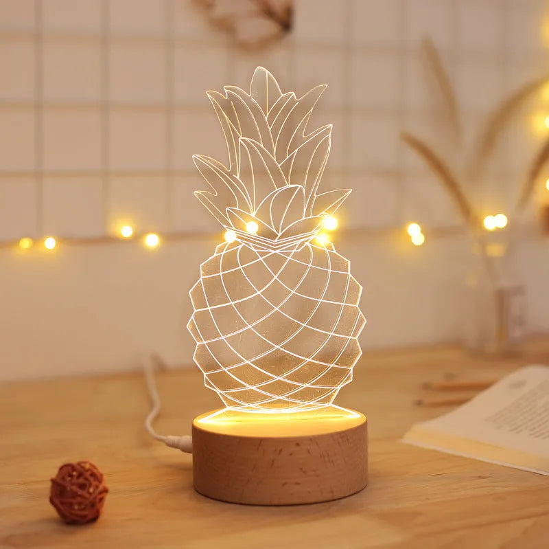 Cartoon pineapple shaped table lamp with wood and acrylic construction on a white background.