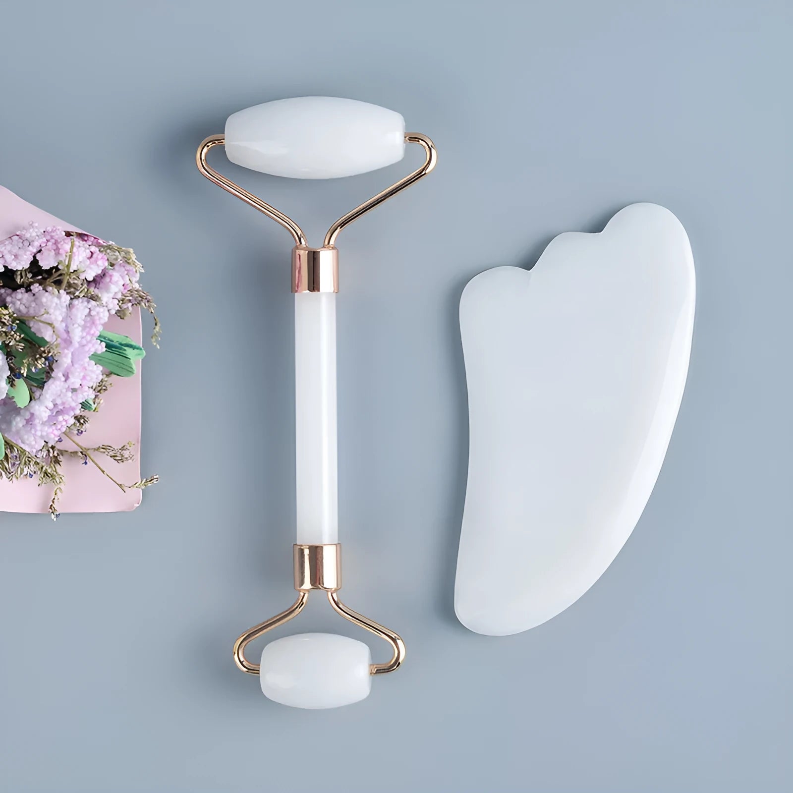 White jade roller and scrapping tool set with double-headed design and storage board