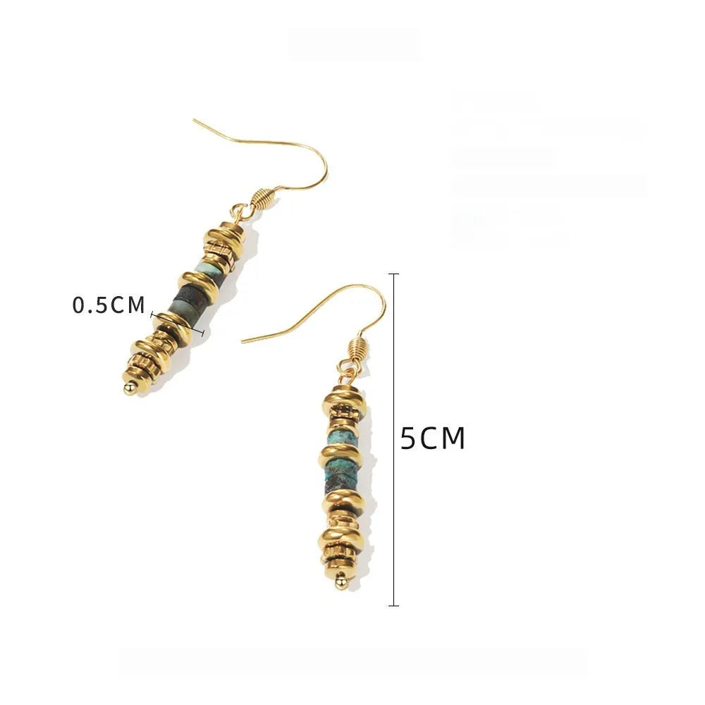 Geometric titanium steel dangle earrings with silver-toned finish and retro design