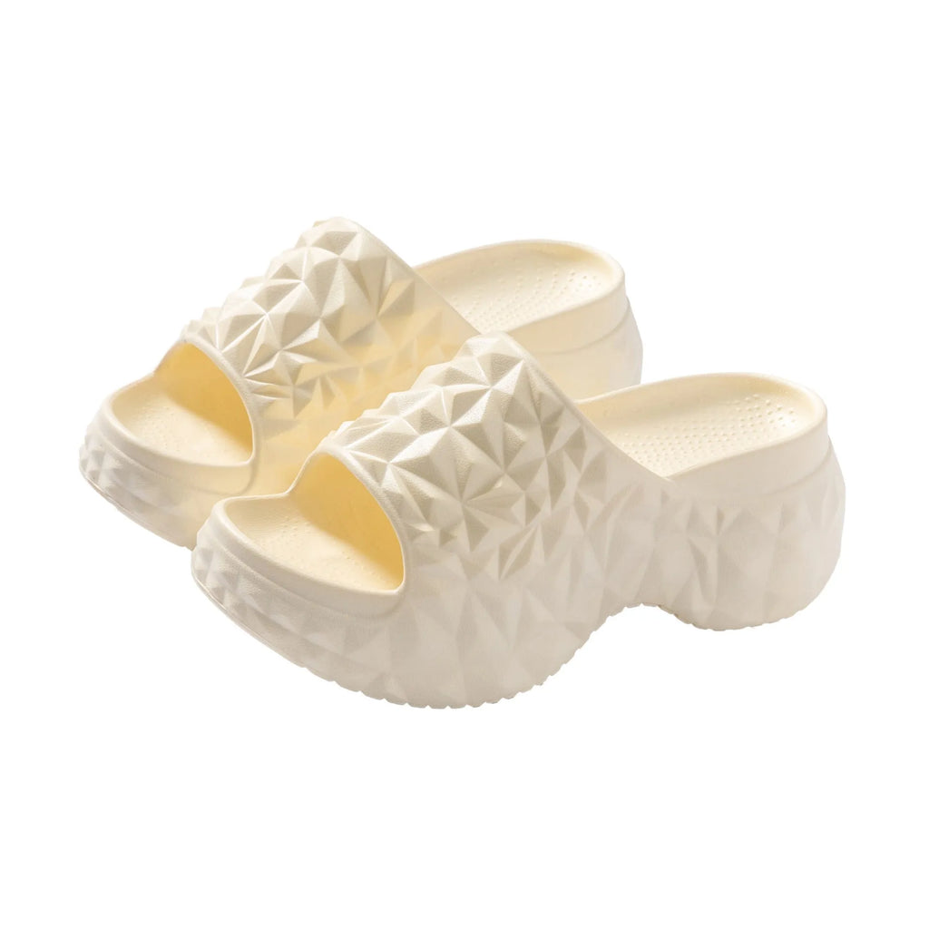 Women's high heel flip flop slippers with thick EVA sole in khaki, black and white colours