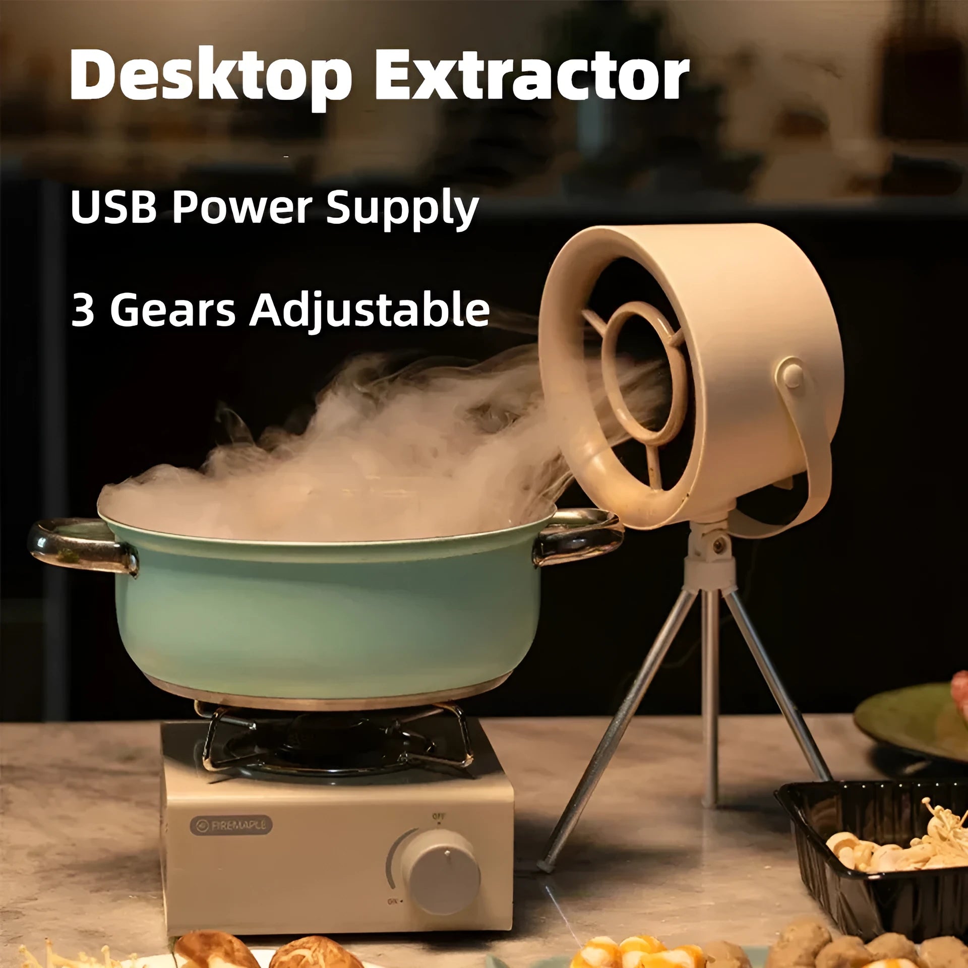 Milky white portable desktop kitchen extractor hood with USB charging and removable filter