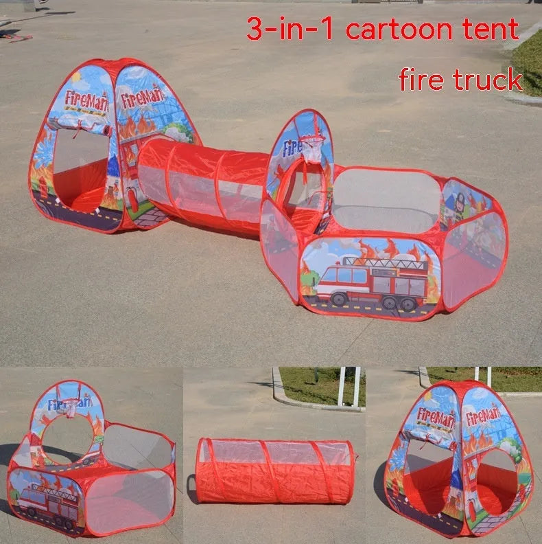 Three-in-one children's play tent with ball pool and tunnel in marine cartoon design