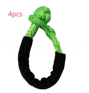 Colourful polymer soft shackle trailer rope for off-road vehicle recovery with 17-tonne load rating.