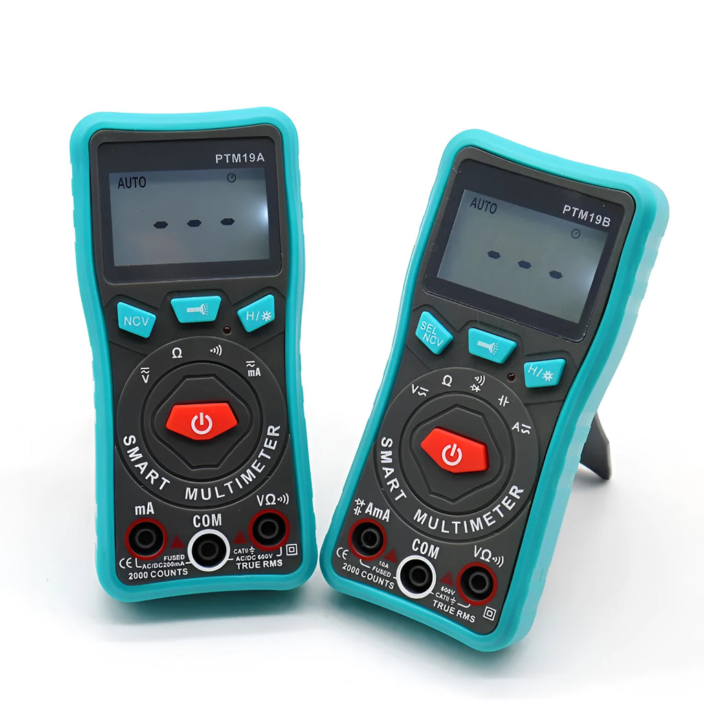 Green automatic digital multimeter with LED display and rear bracket for electrical testing