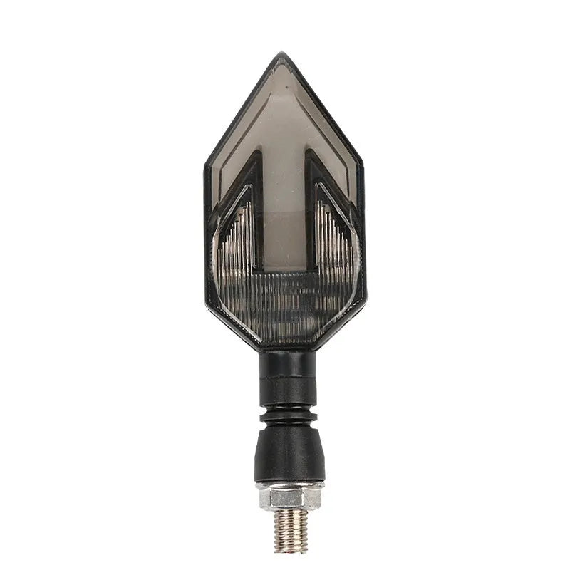 Arrow-shaped LED motorcycle turn signal indicator light with 12V connector.