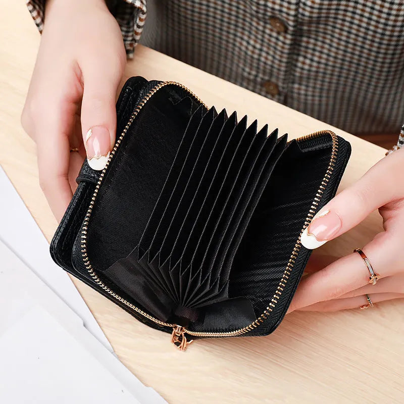 Women's lychee pattern short wallet in PU leather, shown in beige, pink, black, and red colour options.