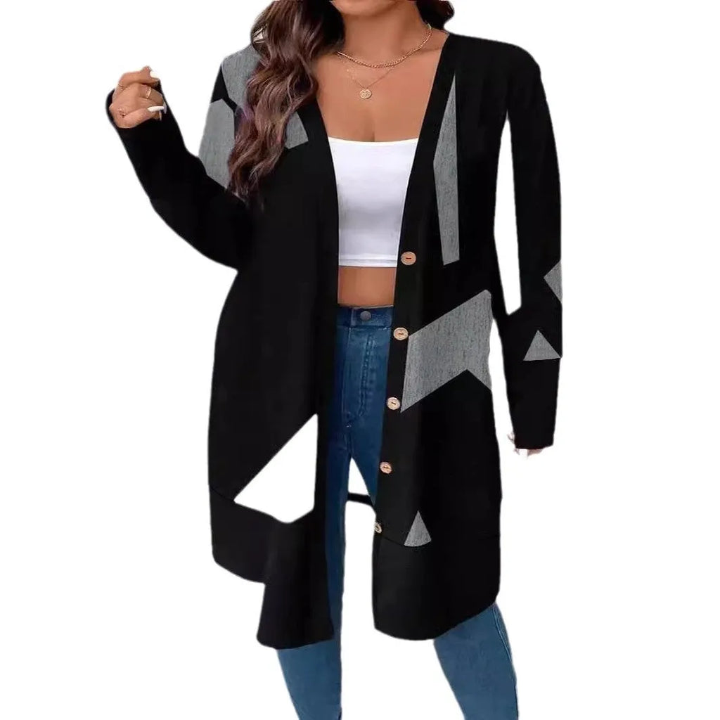 Black plus size casual cardigan coat with button stitching printing and regular sleeves
