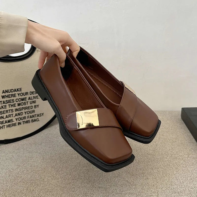 Women's square toe flat shoes with metal buckle in beige, black and brown colours with low 1-3cm heel