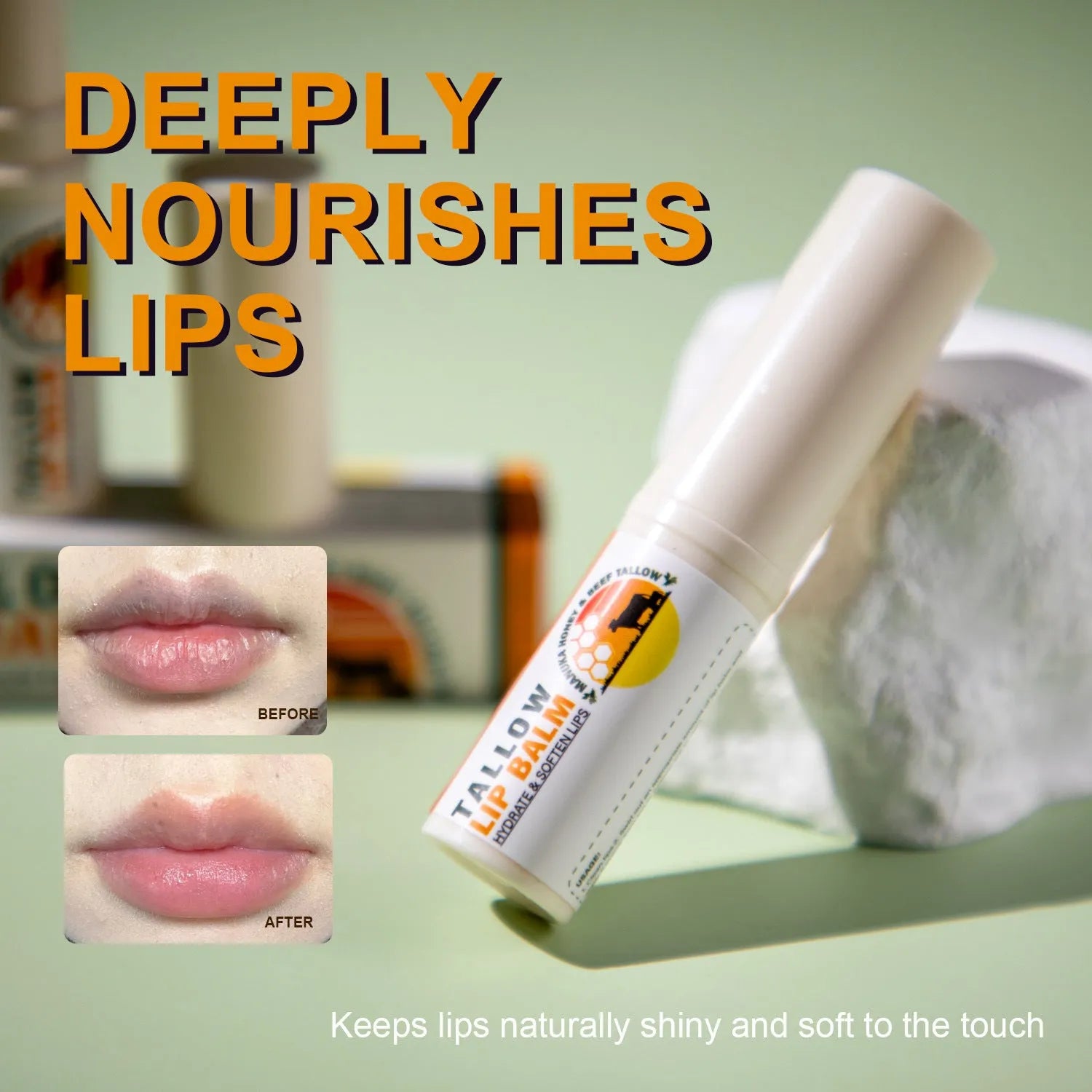 Beef tallow lip balm stick in a silver case, 83mm long, showing the twist-up mechanism.