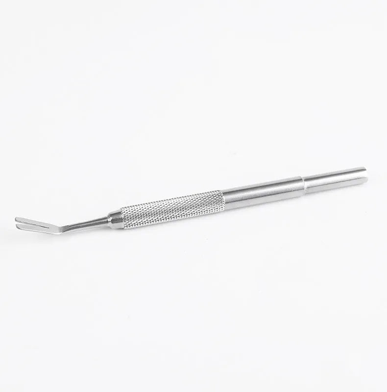 Silver stainless steel tick removal tweezers with fine tips and ergonomic handle for pets